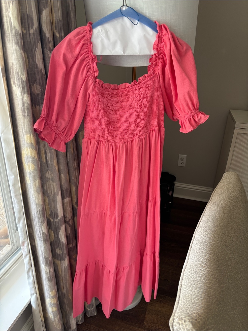 ' coral Puff Sleeve Smocked Maxi Dress